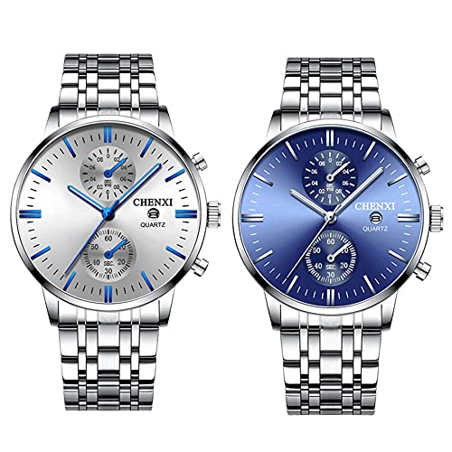 JewelryWe 2PCS Herrenuhr Edelstahl Quarz Analog Armbanduhr Kalender Datum Business Mode Kleid Uhr für Männer Silber Blau von JewelryWe
