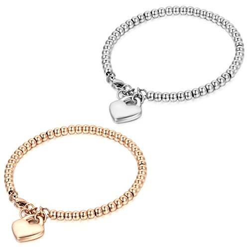 JewelryWe 2PCS Schmuck Charme Damen Kugel Perlen Armband,Handgelenk Kugel Perlenkette mit solid Herz Anhänger Herzkette, Edelstahl Armreif, Silber von JewelryWe