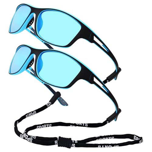 JewelryWe 2er Pack Sonnenbrillen für Kinder Jugendliche: Blau UV400 Schutz Flexiblem Brille Junge Mädchen Gummi Outdoor Sportbrille mit verstellbarem Brillenband von JewelryWe