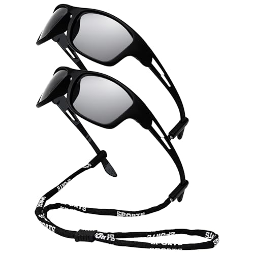 JewelryWe 2er Pack Sonnenbrillen für Kinder Jugendliche: Schwarz UV400 Schutz Flexiblem Brille Junge Mädchen Gummi Outdoor Sportbrille mit verstellbarem Brillenband von JewelryWe