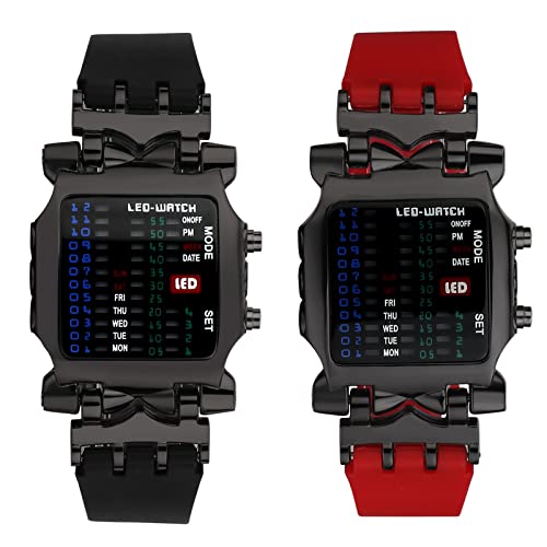 JewelryWe 2pcs Herrenuhr Digital Binäre Uhr Rechteck Lünette Silikon Armbanduhr 4 Farbe LED Licht Kalender Woche Mode Cool Sport Uhren für Herren Damen Schwarz/Rot von JewelryWe