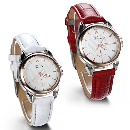 JewelryWe 2pcs Damen Armbanduhr, Analog Quarz, Klassische Business Casual Uhr mit Leder Armband, Rot Weiss von JewelryWe