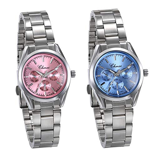 JewelryWe 2pcs Damen Uhren Elegant Analog Quarz Business Casual Armbanduhr mit Silber Ton Edelstahl Armband, Pink Blau von JewelryWe