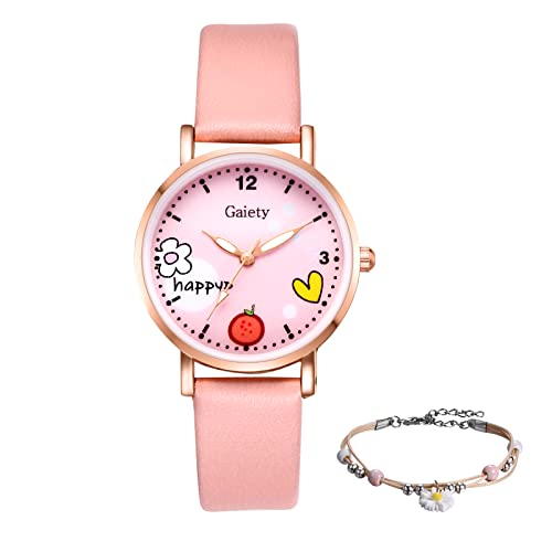 JewelryWe 2pcs Damenuhr Armband Schmuck Set Damen Kinder Analog Quarz Uhr mit Blume Erdbeere und Herz Leder Armbanduhr verstellbar Perlen Kugel Armreif für Frauen Mädchen Rosa von JewelryWe