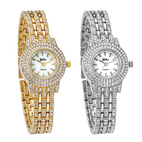 JewelryWe 2pcs Damenuhr Armbanduhr mit Strass Muschel Ziffer Metallarmband Analog Quarz Uhr für Frauen Gold Silber von JewelryWe