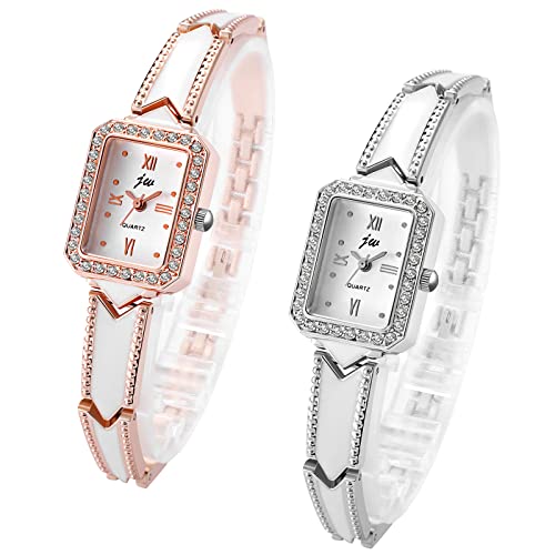 JewelryWe 2pcs Damenuhr Elegant Analog Quarz Armbanduhr Damen Strass Rechteckig Römische Ziffern Beiläufige Uhr Spangenuhr mit Metall-Armband Rosegold/Silber von JewelryWe