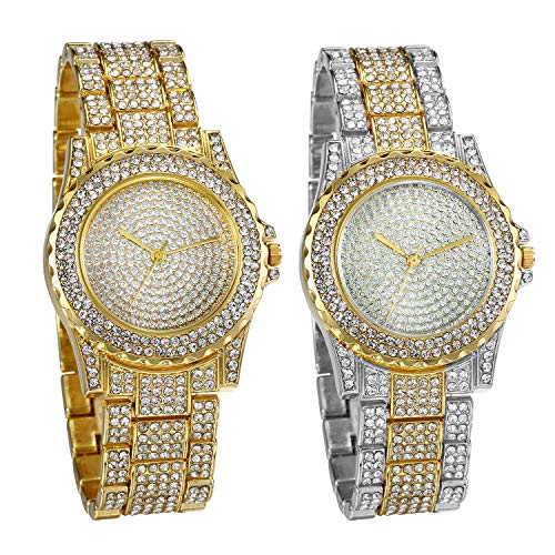 JewelryWe Muttertagsgeschenk 2pcs Damenuhr Elegant Damen Armbanduhr mit Strass Glitzer Dial Metallarmband Analog Quarz Uhr für Frauen Mädchen Gold Silber von JewelryWe