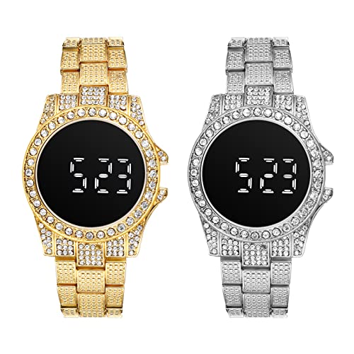JewelryWe 2pcs Digitaluhr Damen Herren Digital Armbanduhr Elegant Einzigartig Strass LED Touch-Display Kalender Geschäfts Beiläufige Uhr mit Metall-Armband Gold/Silber von JewelryWe