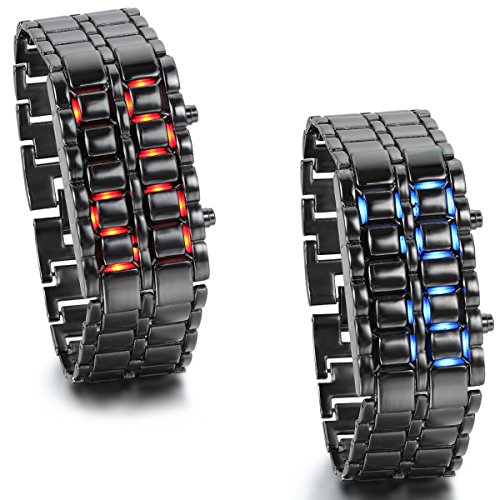 JewelryWe 2pcs Herren Armbanduhr, Blau/Rot LED Digitaluhr Uhr Sportuhr Schwarz Armband Unisex Samurai Watch von JewelryWe