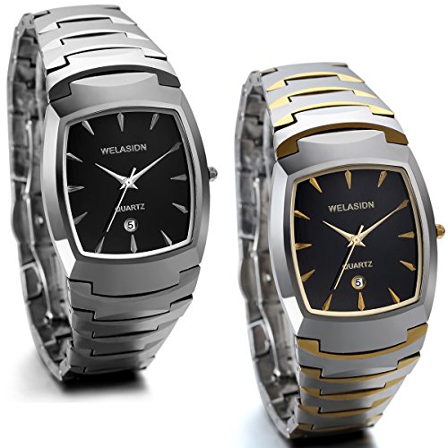 JewelryWe 2pcs Herren Armbanduhr, Luxus Edle Business Casual Kalender Analog Quarz Uhr mit Wolfram Wolframcarbid Armband, Silber Gold von JewelryWe