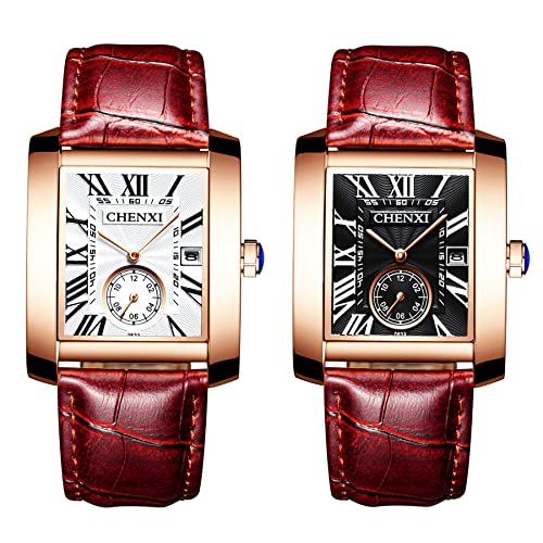 JewelryWe 2pcs Herren Armbanduhr, Retro Kalender Analog Quarz Uhr mit Rechteckig Römischen Ziffern Zifferblatt und Braun Leder Armband von JewelryWe