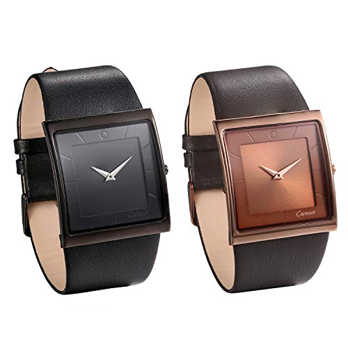 JewelryWe 2pcs Herren Armbanduhr Analog Quarz 30M Wasserdicht Leder Echtleder Armband Luxus Geschäfts Uhr mit Quadrat Zifferblat, Schwarz Kaffee von JewelryWe