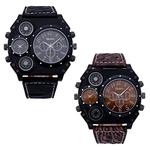 JewelryWe 2pcs Herren Armbanduhr Analog Quarz Kompass Thermometer Zwei Zeitzonen Sport Uhr mit Schwarz Braun Leder Armband und großem Digital Zifferblatt, Schwarz Gehäuse von JewelryWe