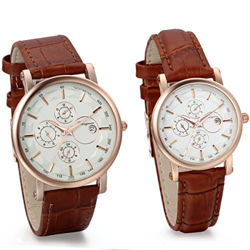 JewelryWe 2pcs Herren Damen Freundschafts Armbanduhr, Business Casual Kalender Analog Quarz Uhr für Lieben Valentinstag Paar Paare Geschenk, Braun Leder Armband & Rose Gold Uhrgehäuse von JewelryWe