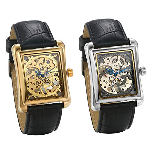 JewelryWe 2pcs Herrenuhr Analog Automatik Uhr Automatische Mechanische Leder Band Rechteck Skelett Armbanduhr Automatikuhr, Gold Silber von JewelryWe