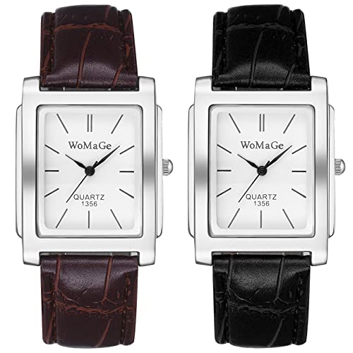 JewelryWe 2pcs Herrenuhr Analog Quarz Armbanduhr Herren Klassische Retro Rechteckig Business Beiläufige Uhr mit Leder Armband Schwarz Braun von JewelryWe