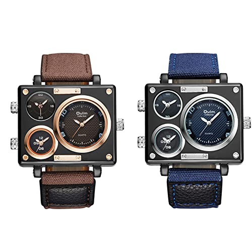 JewelryWe 2pcs Herrenuhr Analog Quarz DREI Zeitzone Armbanduhr Männer Leder Armband Übergroße Quadrat Casual Uhr Sportuhr, Braun Blau von JewelryWe