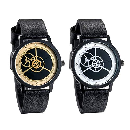 JewelryWe 2pcs Herrenuhr Analog Quarz wasserdichte Armbanduhr Schwarz Leder Armband Männer Lässige Uhr mit Zahnrad Design Zifferblatt von JewelryWe