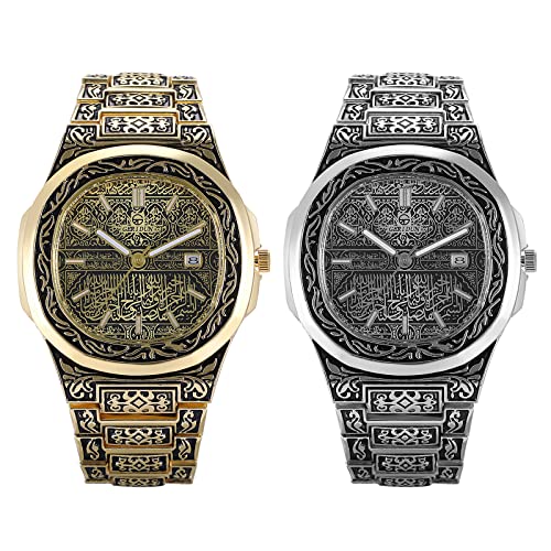 JewelryWe 2pcs Herrenuhr Retro Analog Quarz Armbanduhr 30m wasserdichte Datum Kalender Vintage Blumenmuster Herren Uhr mit Metall-Armband Gold Silber von JewelryWe