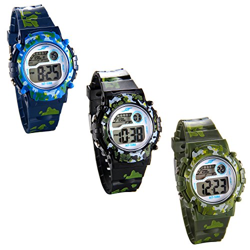 JewelryWe 2pcs Kinder Studenten Armbanduhr, Multifunktions Camouflage Digital Elektronische Uhr Sportuhr mit LED Licht, Alarm, Stoppuhr, Kalender, Datum und Tag Farbe: Schwarz, Blau, Grün von JewelryWe