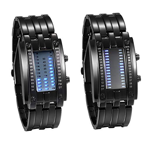 JewelryWe 2pcs Paar Uhren Digitaluhr Schwarz Edelstahl Binäre Uhr Rechteck Bezel LED Sportuhr Blau LED Licht Kalender Mode Cool Partner Armbanduhr für Herren Damen von JewelryWe