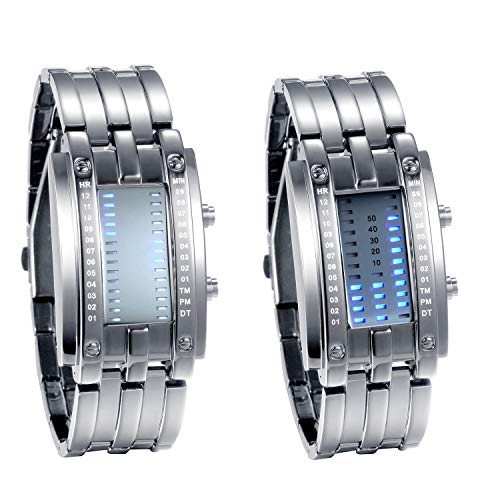 JewelryWe 2pcs Paar Uhren Digitaluhr Silber Edelstahl Binäre Uhr Rechteck Bezel LED Sportuhr Blau LED Licht Kalender Mode Cool Partner Armbanduhr für Herren Damen von JewelryWe