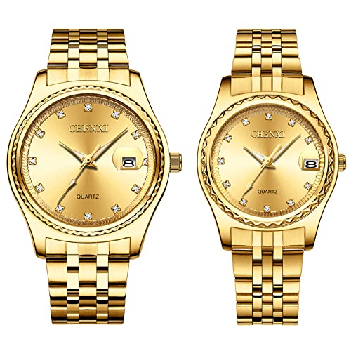 JewelryWe 2pcs Paar Uhren Quarz Analog Partner Freundschafts Armbanduhr Datum Kalender Edelstahl Armband Uhr mit Beleuchtenden Zeiger und Strass goldem Zifferblatt, Geschenk für Herren Damen, Gold von JewelryWe