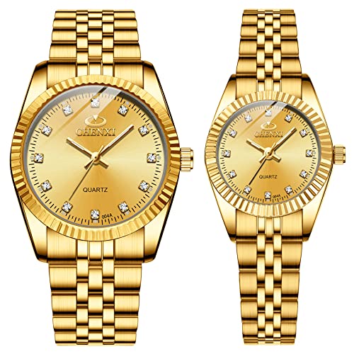 JewelryWe 2pcs Paar Uhren Quarz Analog Partner Freundschafts Armbanduhr Edelstahl Armband Uhr mit Beleuchtenden Zeiger und Strass rundem Zifferblatt, Pärchen Geschenk für Herren Damen, Gold von JewelryWe