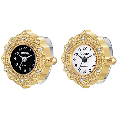 JewelryWe 2pcs Ringuhr Fingeruhr Damen Analog Quarz Retro Geschnitzt Blumen Strass Edelstahl Verstellbar Ring Uhr Fingerringuhr Uhrenring mit Rundem Zifferblatt und Gold Gehäuse von JewelryWe