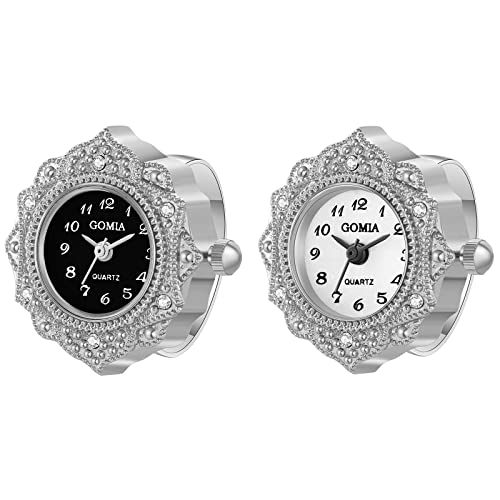 JewelryWe 2pcs Ringuhr Fingeruhr Damen Analog Quarz Retro Geschnitzt Blumen Strass Edelstahl Verstellbar Ring Uhr Fingerringuhr Uhrenring mit Rundem Zifferblatt und Silber Gehäuse von JewelryWe