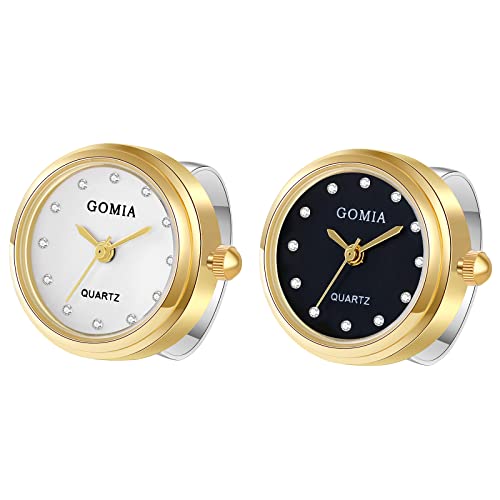 JewelryWe 2pcs Ringuhr Fingeruhr Damen Herren Analog Quarz Edelstahl Verstellbar Ring Uhr Fingerringuhr Uhrenring mit Strass Rundem Zifferblatt Gold von JewelryWe