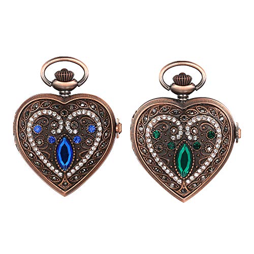 JewelryWe 2pcs Taschenuhr Damen Vintage Analog Quarz Herz Blau/Grün Strass Augen Blumen Muster Uhr mit Halskette Kette Pocket Watch von JewelryWe
