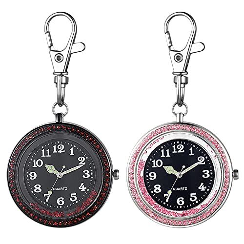 JewelryWe 2pcs Taschenuhr mit Karabiner Schlüsselanhänger Quarz Analog Uhr Leuchtende Quarzuhr für Ärzte Krankenschwestern Sanitäter Köche Rot Rosa von JewelryWe