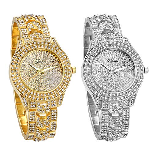 JewelryWe 2pcs Uhr Damen Herren Elegant Armbanduhr mit Strass Glitzer Metallarmband Analog Quarz Uhr Muttertag Gold Silber von JewelryWe