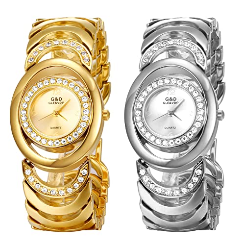 JewelryWe 2pcs Uhren Damen Analog Quarz 30m wasserdichte Armbanduhr Elegant Einzigartig Strass Oval Beiläufige Uhr mit Metall-Armband und Uhrenwerkzeug Gold/Silber von JewelryWe