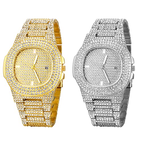 JewelryWe 2pcs Uhren Damen Herren Analog Quarz Armbanduhr Elegant Quadrat Glitzer Strass Beiläufige Uhr mit Metall-Armband und Uhrenwerkzeug Gold/Silber von JewelryWe