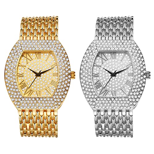 JewelryWe 2pcs Uhren Damen Herren Analog Quarz Armbanduhr Elegant Rechteckige Strass Glitzer Uhr mit Breitem Metall-Armband und Werkzeug Gold Silber von JewelryWe