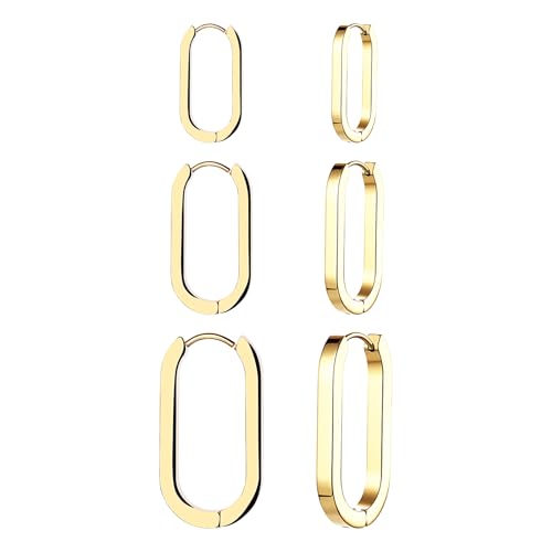 JewelryWe 3 Paar Creolen Ohrringe für Damen: Gold Edelstahl Rechteckig Huggie Creolen Set Geometrische U-förmig Leicht Hypoallergene Hoops Ohrringe Minimalistisch Schmuck Geschenk von JewelryWe