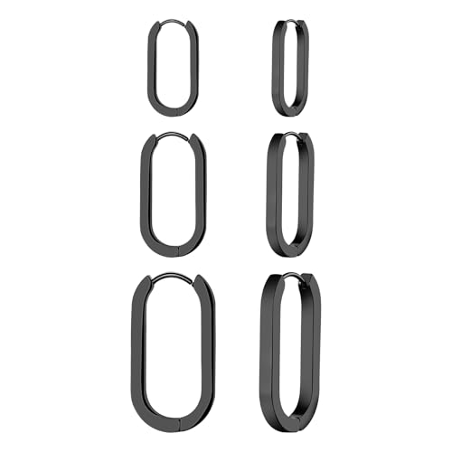 JewelryWe 3 Paar Creolen Ohrringe für Damen: Schwarz Edelstahl Rechteckig Huggie Creolen Set Geometrische U-förmig Leicht Hypoallergene Hoops Ohrringe Minimalistisch Schmuck Geschenk von JewelryWe