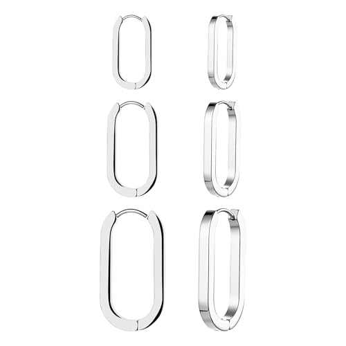 JewelryWe 3 Paar Creolen Ohrringe für Damen: Silber Edelstahl Rechteckig Huggie Creolen Set Geometrische U-förmig Leicht Hypoallergene Hoops Ohrringe Minimalistisch Schmuck Geschenk von JewelryWe