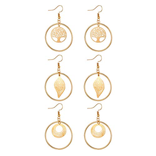 JewelryWe 3 Paar Damen Ohrringe Set, Lebensbaum Blatt Kreis Ohrhänger Statement Ohrhänger Geschenk für Frau Mädchen, Gold von JewelryWe