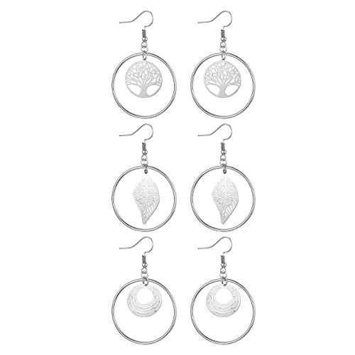 JewelryWe 3 Paar Damen Ohrringe Set, Lebensbaum Blatt Kreis Ohrhänger Statement Ohrhänger Geschenk für Frau Mädchen, Silber von JewelryWe