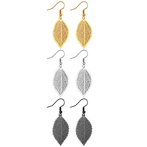 JewelryWe 3 Paar Damen Ohrringe Set, Retro Blatt Ohrhänger Statement Ohrhänger Geschenk für Frau Mädchen, Gold Schwarz Silber von JewelryWe