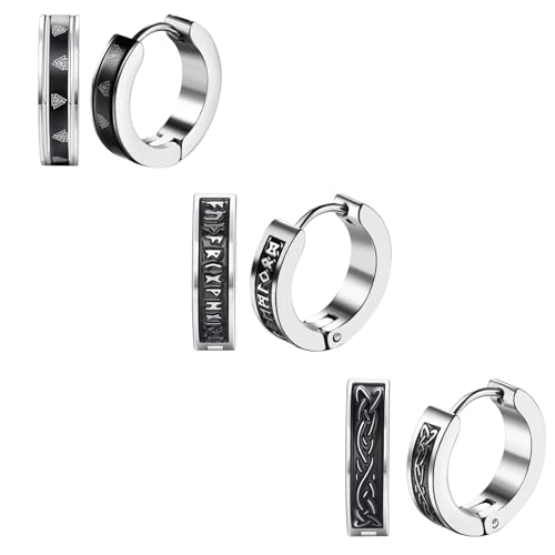 JewelryWe 3 Paar Wikinger Ohrringe Herren: Edelstahl Huggie Creolen mit Runen Keltische Knoten Valknut Nordisch Wikinger Kleine Ohrringe Creolen Silber Schwarz Set für Männer Frauen von JewelryWe