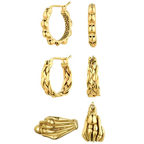 JewelryWe Halloween Creolen Ohrringe Gold: 3 Paar Edelstahl Geflochten Totenkopf Schädel Skelett Hand Klappcreolen Huggie Ohrringe Set Gothic Punk Ohrstecker Ohrschmuck für Herren Damen Unisex JewelryWe Halloween Creolen Ohrringe Gold: 3 Paar Edelstahl Geflochten Totenkopf Schädel Skelett Hand Klappcreolen Huggie Ohrringe Set Gothic Punk Ohrstecker Ohrschmuck für Herren Damen Unisex von JewelryWe