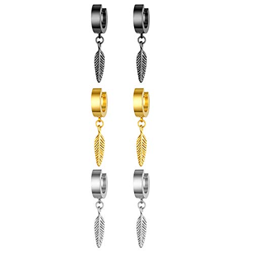 JewelryWe Feder Ohrringe Creolen Edelstahl: 3 Paar Herren Damen Huggie Kreolen Ohrstecker Ohrhänger mit Blatt Flügel Ohrhänger Hängende Ohrringe Ohrpiercings für Frauen Männer Silber Gold Schwarz von JewelryWe