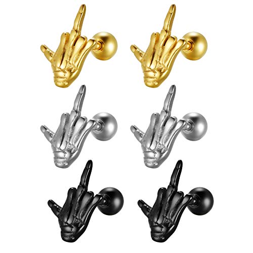 JewelryWe 3 Paare Herren Ohrstecker, Mittelfinger Skelett Ohrringe Ohrpiercing Hand Gotik Punk Schmuck Silber Gold Schwarz Geschenk für Halloween von JewelryWe