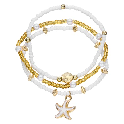 JewelryWe 3 Stück Boho Fußkettchen Damen: Bohemian Verstellbare Strand Fußkette Seestern Muschel Knöchelarmband mit Gold und Weiß Perlen Sommer Urlaub Schmuck für Frau Mädchen von JewelryWe