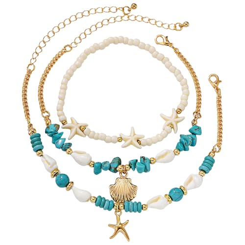 JewelryWe 3 Stück Boho Fußkettchen Damen: Gold Bohemian Verstellbare Strand Fußkette Seestern Muschel Knöchelarmband mit Türkis und Weiß Perlen Sommer Urlaub Schmuck für Frau Mädchen von JewelryWe