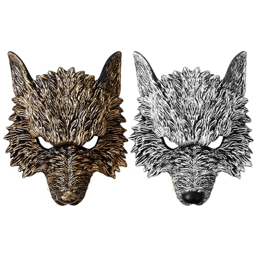 JewelryWe 3D Wolfsmaske Werwolf Maske: 2pcs Steampunk Werwolfmaske Wolf Maskerade Maske aus Schaumstoff Horror Halbmaske Tiermaske für Halloween Karneval Party Kostüm von JewelryWe